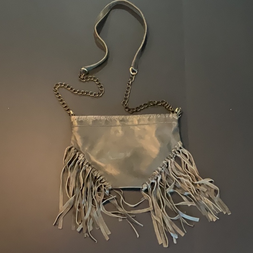 Raj LA gray leather crossbody w/fringe, chain & leather strap